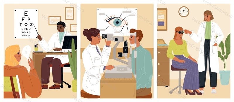 Ophthalmologist profession vector scene with doctor and patient at clinic medical office vector illustration. Vision check, selection of eyesight glasses at optometrists consultation