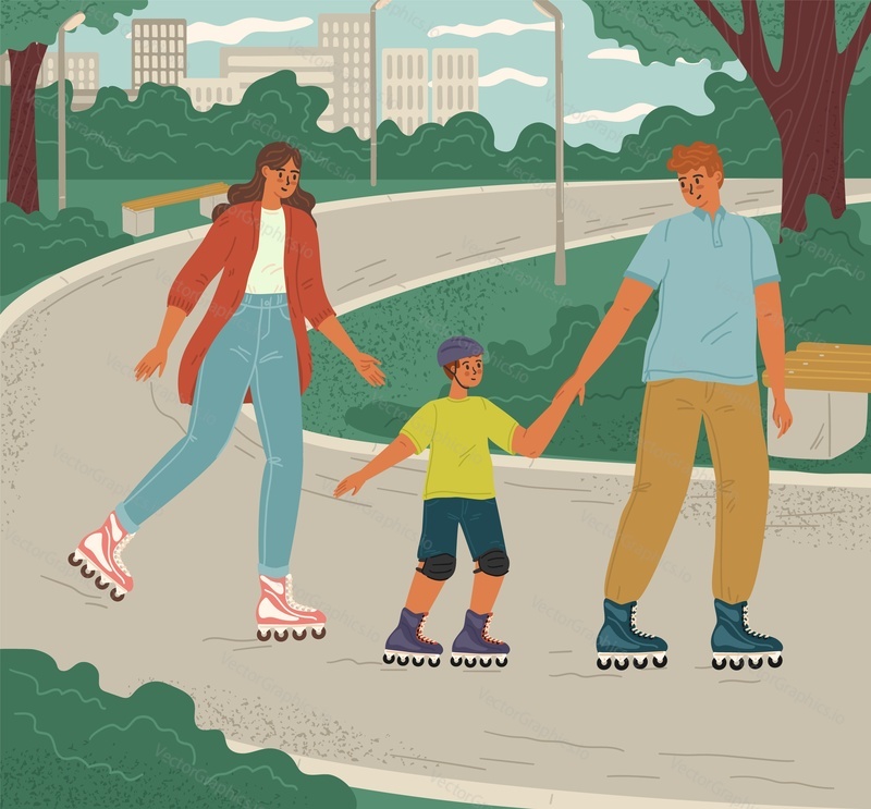 Happy family roller skating in city park on weekend scene. Excited active mother, father and son enjoying summer sports activity outdoor vector illustration
