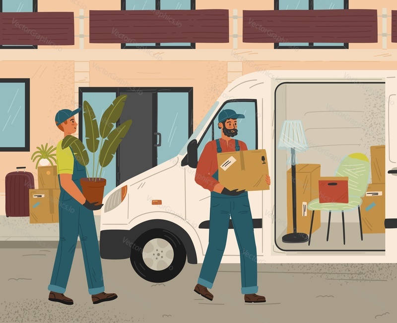 Two movers man holding and carrying cardboard box and loading truck. House move and relocation service concept vector illustration. Delivery van with home stuff and furniture.