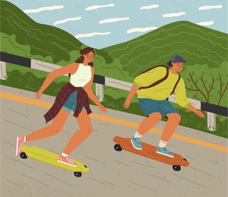 Happy girlfriend and boyfriend teenager characters skateboarding riding down on highway scene. Hipster young couple freestyling boarding outdoor vector illustration