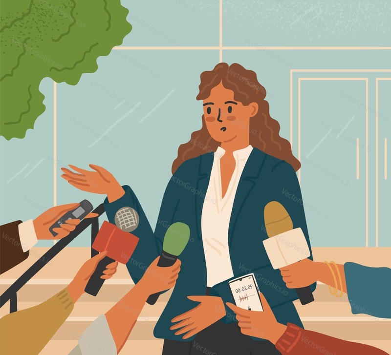 Woman politician giving press conference, speaking to journalist scene. Official meeting and interview with reporters hands holding microphones front of female speaker vector illustration