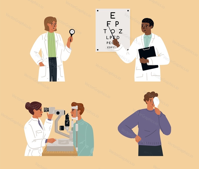 Isolated set of ophthalmologist using clinical ophthalmology tools. Male and female doctor characters examining patients vision vector illustration