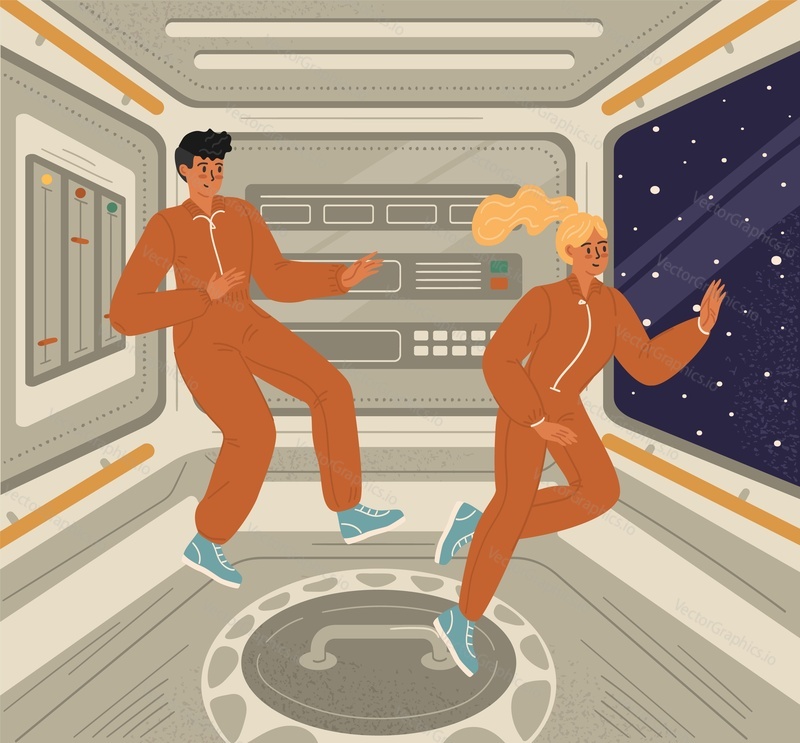 Персонаж-астронавт, мужчина и женщина, плавающие в кабине векторной иллюстрации межзвездного космического корабля. Исследователи космического пространства наслаждаются прекрасным видом созвездий из окна своего шаттла