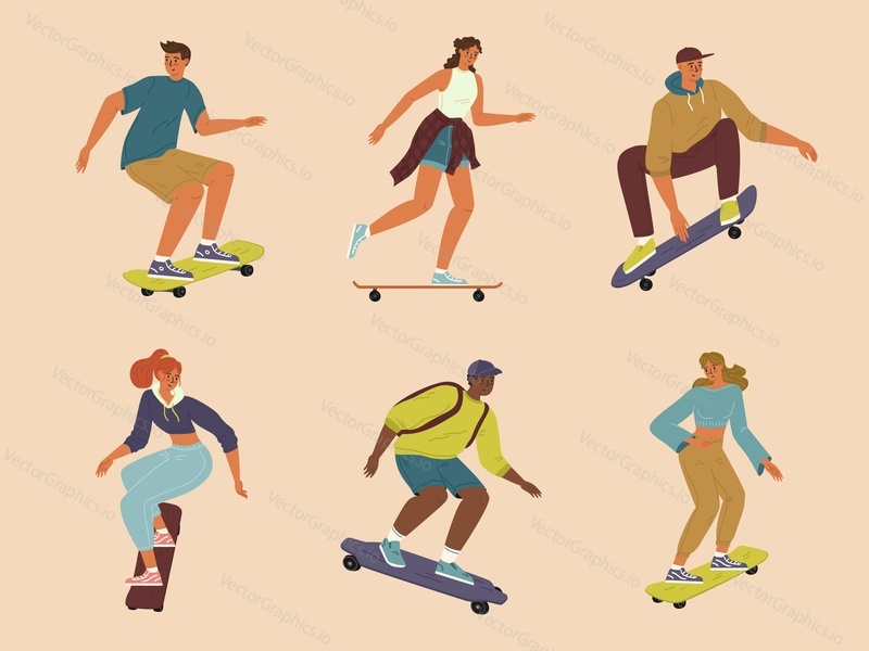 Isolated set of diverse teenage boy and girl skateboarding. Happy active teenager characters riding longboard, doing tricks and stunts vector illustration. Youth culture and sportive lifestyle