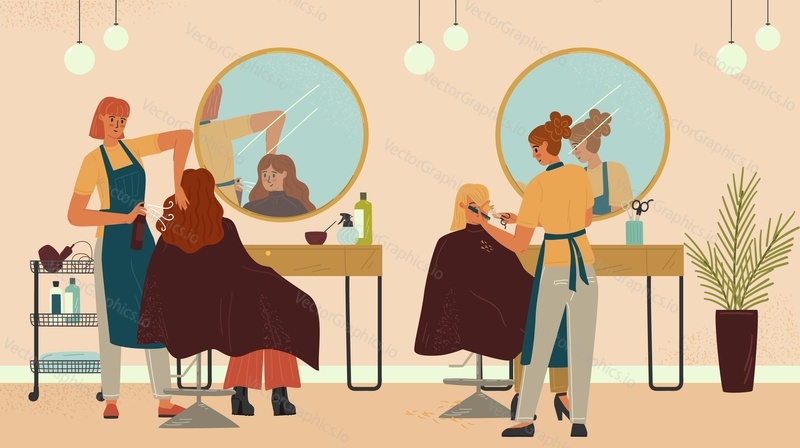 Женщина в салоне красоты, профессиональный парикмахер, векторная иллюстрация. Стрижка и укладка девушки.  Парикмахер расчесывает и подстригает волосы клиента. Интерьер парикмахерской.