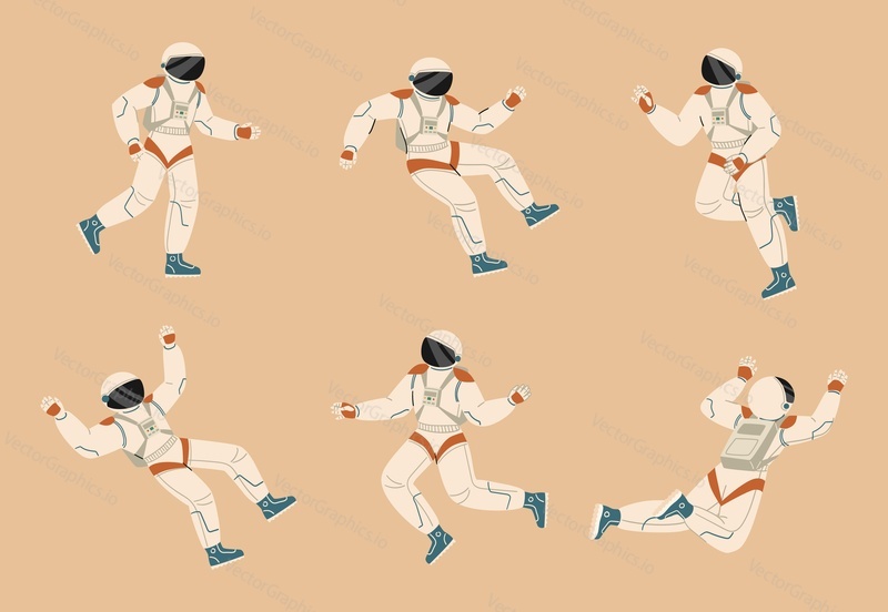 Astronaut character wearing spacesuit floating in different poses isolated set. Cosmic spaceman in suit and helmet vector illustration