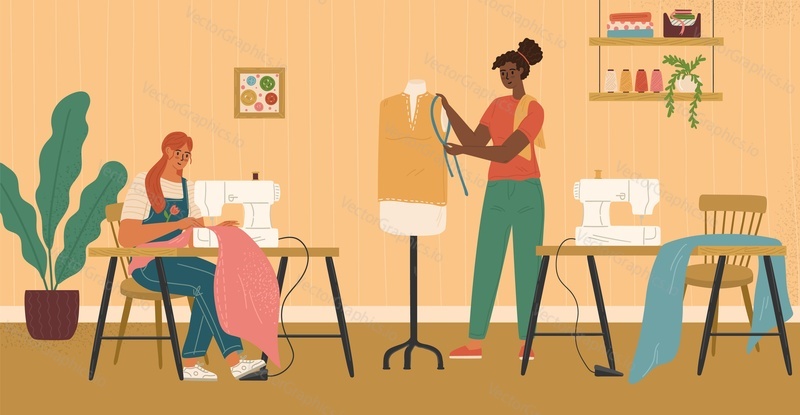 Seamstress team at fashion clothing factory workplace scene. Women working on sewing machines and taking measurements with tape vector illustration