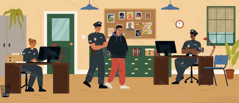 Policeman leading arrested robber and lawbreaker in handcuff vector illustration. Police station at work scene. Punishment system and effective crime investigation concept