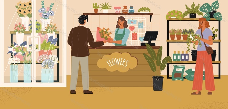 Flower shop store cartoon scene with saleswoman at counter desk and male female visitors buying plants, bouquets. Inside floristry market vector illustration