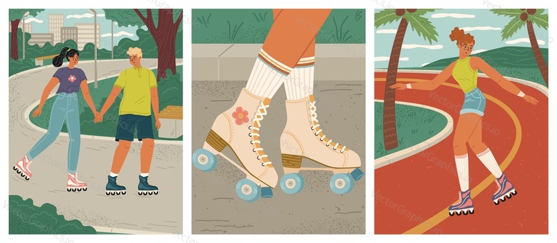 Люди, катающиеся на роликовых коньках, быстро едут в городском парке. Девушка и парень, молодая женщина-подросток наслаждаются векторной иллюстрацией катания на роликовых коньках. Концепция активного досуга, спорта и отдыха