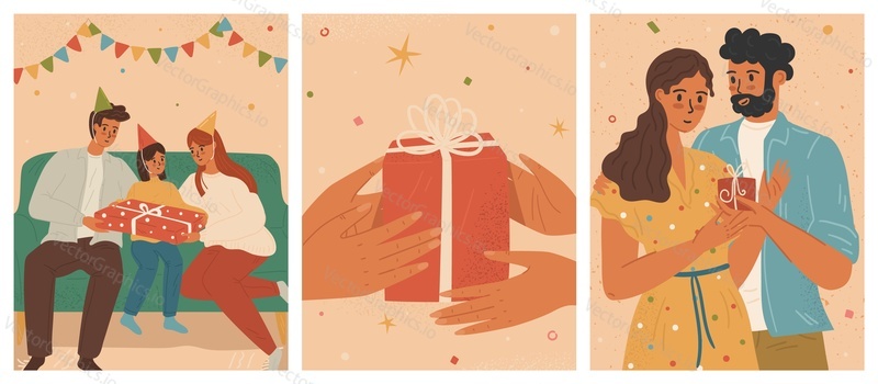 Счастливые люди дарят и получают подарки, набор векторных плакатов. Семья преподносит подарок ребенку на день рождения. Мужчина дарит подарочную коробку своей девушке, романтической паре. Руки держат подарочную коробку с лентой.