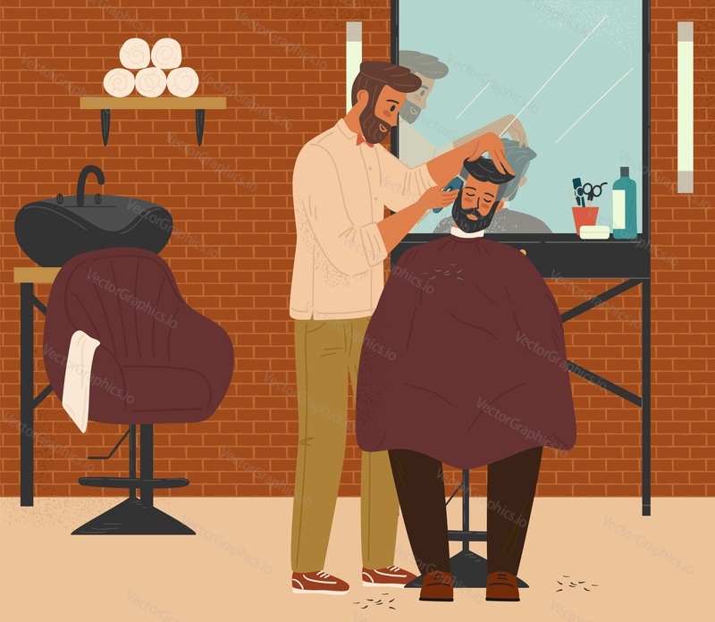 Парикмахер подстригает волосы клиента в парикмахерской, векторная иллюстрация. Дизайн интерьера парикмахерской со стульями, зеркалами. Парикмахер, парикмахерша стригет волосы, делает мужские прически.