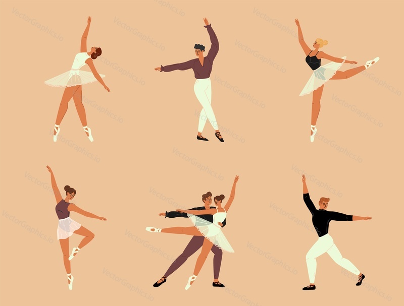 Isolated set of male and female ballet dancers wearing pointe shoes performing and practicing classic dance movement. Man and woman exercising alone or in pair vector illustration