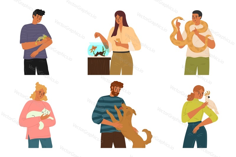 People and different pets isolated vector set. Male and female owner characters holding, embracing and caring for dog, cat, fish, parrot, chameleon and python illustration