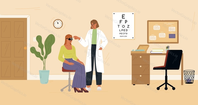 Woman patient at ophthalmologist consultation scene. Medical sight checkup, diagnosis and vision treatment vector illustration. Optometrist examining client at private clinic