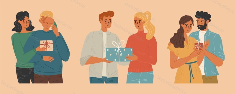 Happy people giving and receiving gifts, characters vector set. Man gives giftbox to his girlfriend for her birthday, romantic couples celebrate anniversary.
