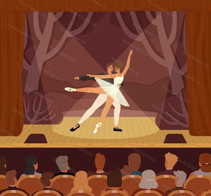 Пара танцоров балета выступает на театральной сцене во время художественного концерта. Персонаж мужчины и женщины танцует на деревянной сцене мультяшная векторная иллюстрация