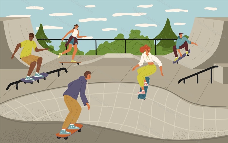 Group of teenage children skateboarding at urban skateboard park scene. Extreme leisure sports entertainment during summertime vacation vector illustration