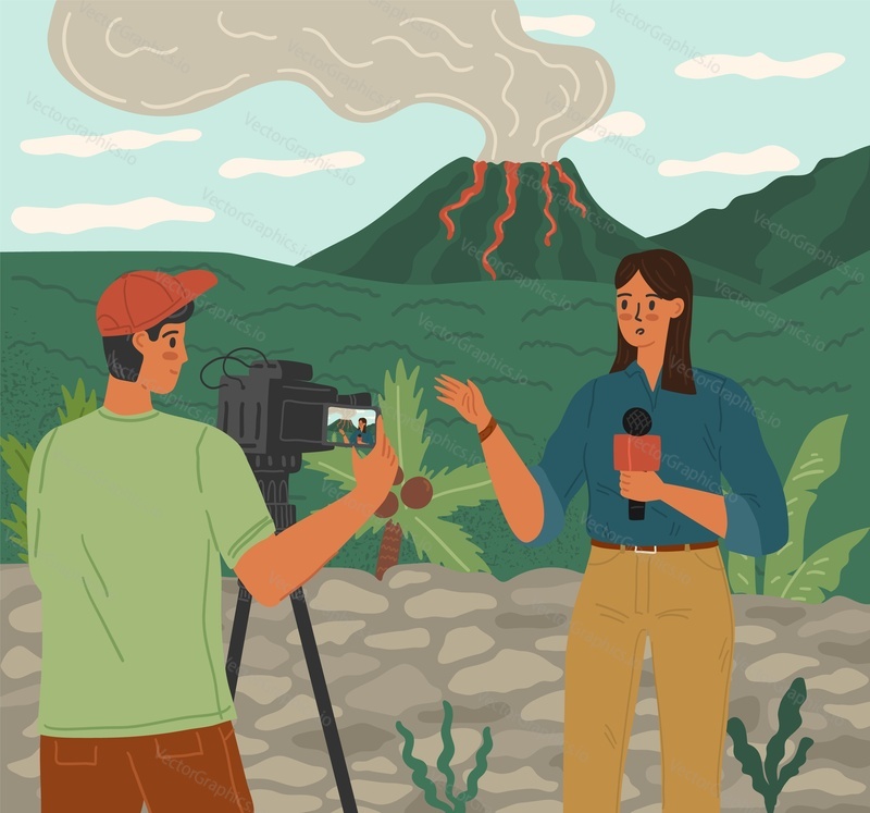 Женщина-журналист, корреспондент и оператор съемочной группы СМИ, создающей репортаж об извержении вулкана векторная иллюстрация