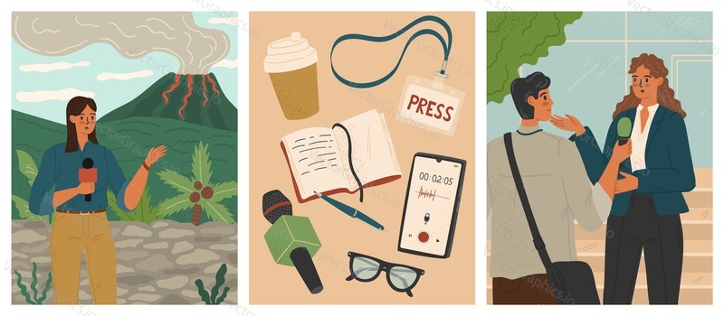 Journalist character at work vector scene set. Female reporter reporting about volcano eruption, male host interviewing city citizen on street, press conference accessories illustration