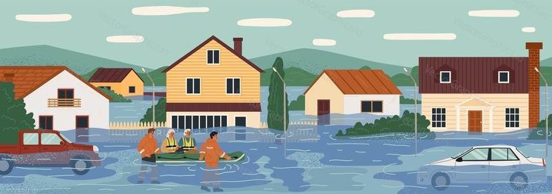 Спасательная команда спасает жертв наводнения векторной иллюстрацией. Сцена затопления с плавающим транспортным средством в воде и затопленными домами