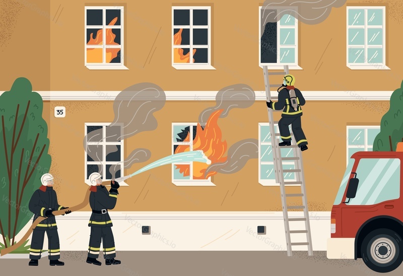 Fireman rescue team extinguishing burning residential house scene. Firefighters using water firehose, long ladder to fight with blazing flames and smoke vector illustration