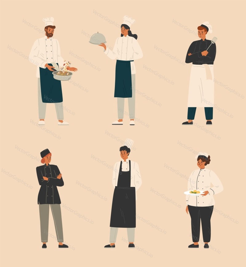 Группа шеф-поваров, шеф-повар- мужчина и женщина, официантка, кухонный персонал ресторана. Набор векторов. Концепция команды ресторана. Персонажи-повара в униформе.