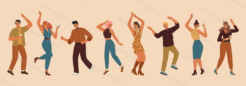 Young people cartoon characters dancing parting isolated set. Happy positive man and woman moving to music shaking body feeling fun and excited vector illustration