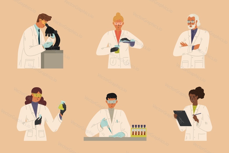 Векторная иллюстрация набора персонажей ученых и исследователей. Мужчина-женщина-биолог, химик, физик, врач, проводящий исследования, проводящий химические эксперименты, обучающийся и изучающий биотехнологию