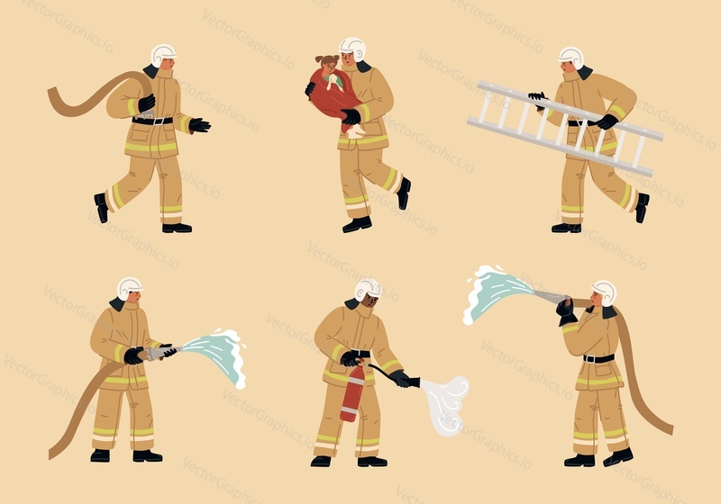 Firefighters wearing uniform using rescue equipment saving child life and doing emergency work isolated set. People profession with dangerous occupation vector illustration