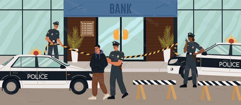 Police officers team arresting bank robbers vector scene. Thief failed to break and steal money from financial institution illustration. Guard and security enforcement concept