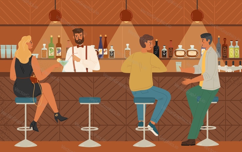People sitting at bar counter drink alcohol cocktail. Vector illustration. Bartender serving customers in a bar. Pub interior with stools, shelf and bottles.