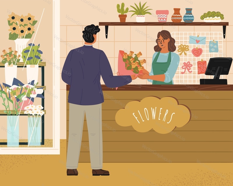 Мужчина-покупатель, оплачивающий букет цветов, и продавщица, обслуживающая клиента в магазине флористики, сцена с векторной иллюстрацией магазина. Концепция малого бизнеса