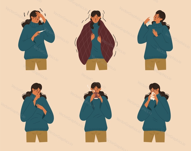 Vector set of people with sick symptoms. Female person characters isolated. Woman feeling ill, having cold, seasonal flu, fever, running nose, coughing, headache.