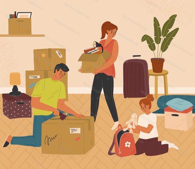 Family relocating to new home and packing cardboard box with home stuff, vector illustration. People characters packing belongings. House moving and relocation service concept.