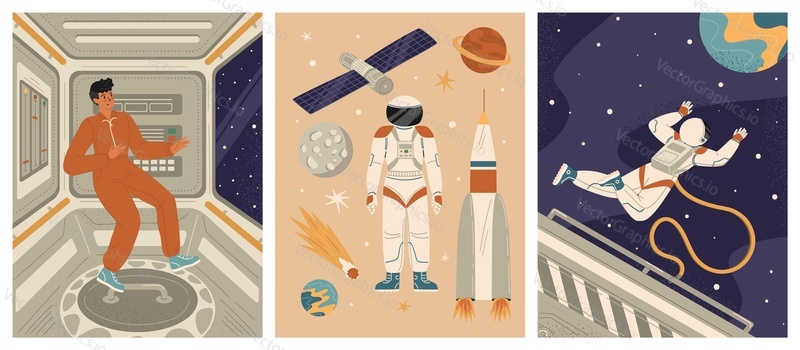 Astronaut in open space and in rocket cabin card, banner, flyer or cover template isolated set. Cosmonaut galaxy explorer characters vector illustration