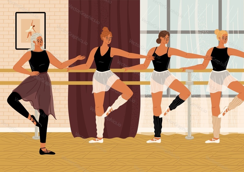 Юные балерины тренируются на уроке хореографии в балетной школе векторная иллюстрация. Группа женских персонажей упражняется, отрабатывая движения под контролем учителя. Сцена