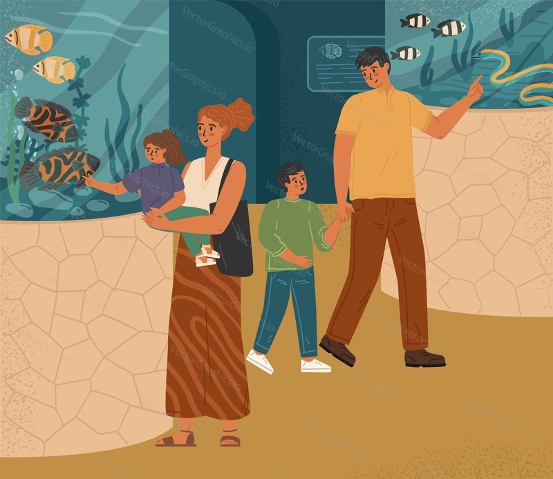 Счастливая семья посещает векторную иллюстрацию океанариума. Мать и дочь, отец и сын наслаждаются видом на морских животных в аквариуме зоопарка-музея.