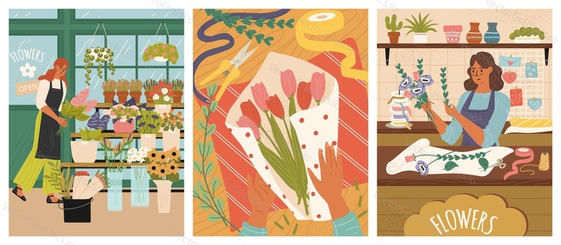 Женщина-флорист ухаживает за растениями, работает в теплице, делает векторную иллюстрацию букета цветов. Рекламный баннер, флаер, открытка или набор шаблонов обложки