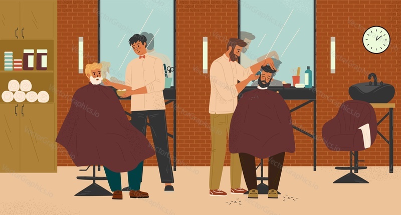 Два парикмахера делают стрижку клиентам в парикмахерской, векторная иллюстрация. Дизайн интерьера парикмахерской со стульями, зеркалами. Парикмахер стрижет волосы, делает мужские прически, бреет бороду.