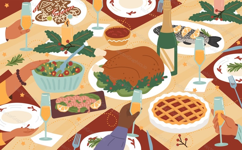 Christmas or thanksgiving day festive dinner with hands of people and delicious traditional holiday dishes on plates, drinks top view vector illustration