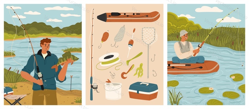 Fishing scene set with man catching fish on inflatable boat or at river bank vector illustration. Outdoor hobby, leisure activity for fishers during weekend time