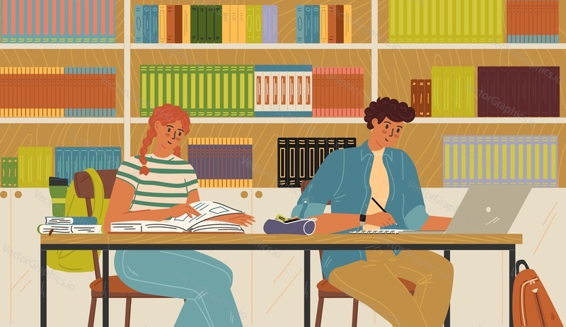 Студенты-подростки, обучающиеся в библиотеке, делают домашнее задание, готовятся к экзамену векторная иллюстрация. Задумчивые персонажи-подростки мужского и женского пола читают литературу, используя портативный компьютер