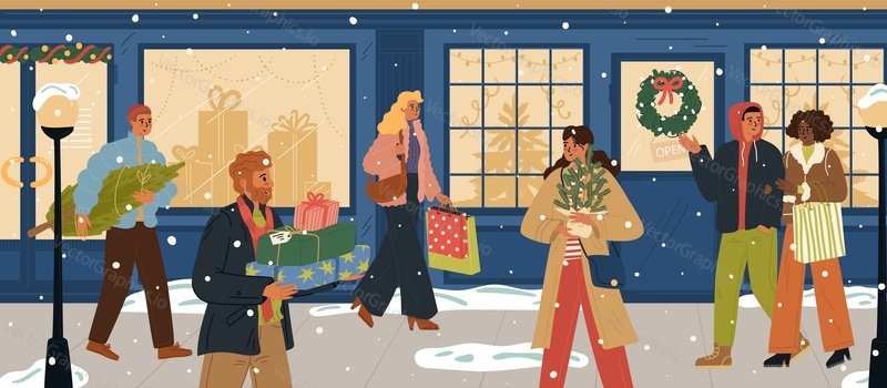 Люди горожане готовятся к празднованию Рождества и Нового года векторная иллюстрация. Мужчина и женщина держат рождественскую елку, подарочную коробку, различные покупки, прогуливаясь по заснеженной уличной сцене