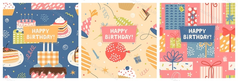 Happy birthday greeting card square templates with lovely festive design decorated cake and sweets, balloons, wrapped surprise gift boxes set. Typography congratulation postcard vector illustration