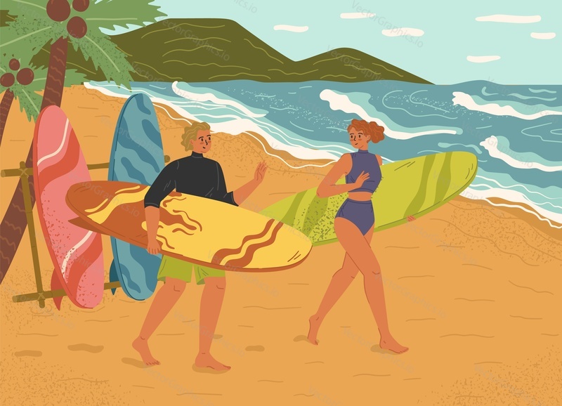 Happy young people with surfboards on tropical beach scene. Man and woman couple tourists enjoying summer vacation time and extreme sport activity on seaside resort vector illustration