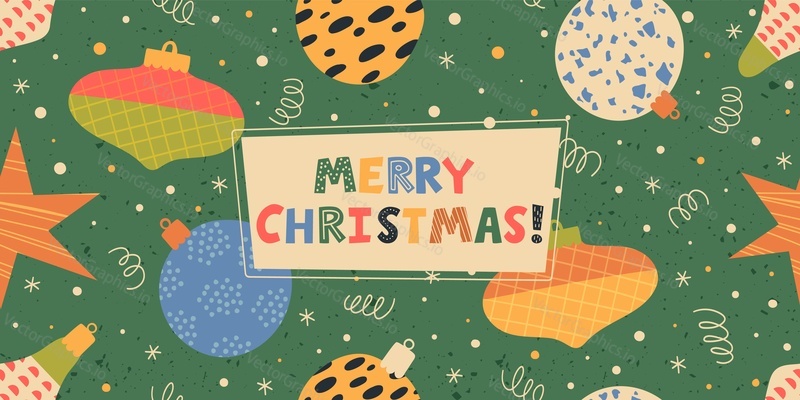 Баннер с Рождеством Христовым с украшениями в виде елочных безделушек, разноцветных шаров и ленты с конфетти, дизайн векторной иллюстрации на зеленом фоне