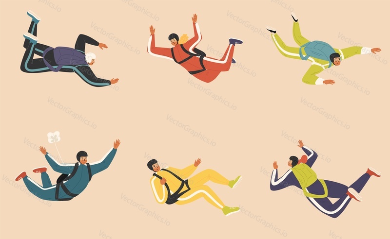 Male and female paratrooper characters wearing suit floating in air without parachute isolated set. Professional parachutists skydiving vector illustration