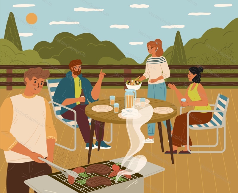 Happy friends enjoying bbq picnic party on terrace vector illustration. Young man and woman grilling barbecue meat, eating salad and drinking beer, talking and sharing positive emotion
