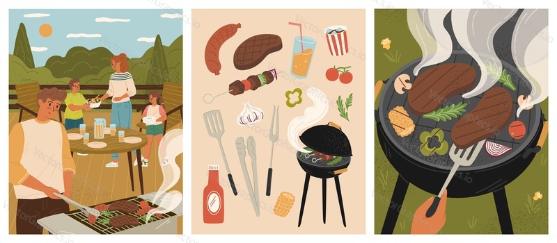 Barbeque party scene set with happy people cooking meat outdoors. Family characters grilling beef and sausages enjoying picnic party at backyard vector illustration